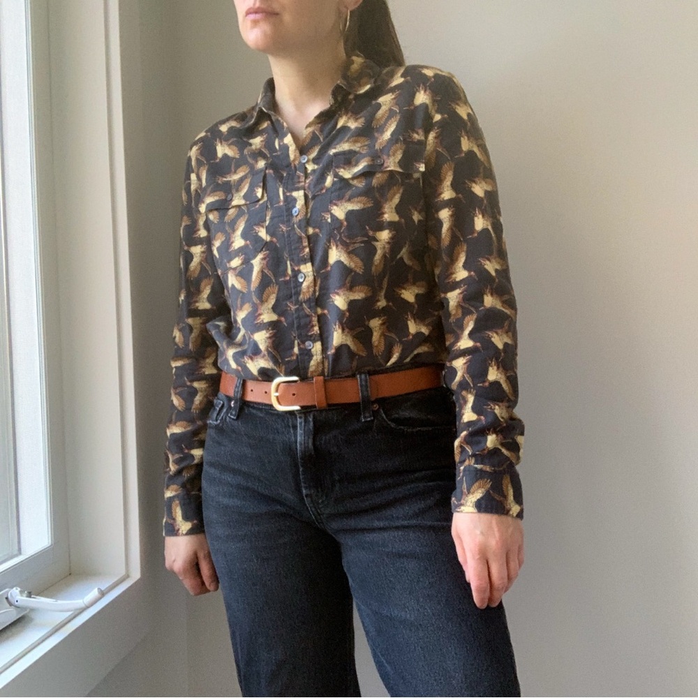 L.L. Bean Black Button-Down Shirt with Gold Bird Print - Picture 4 of 12